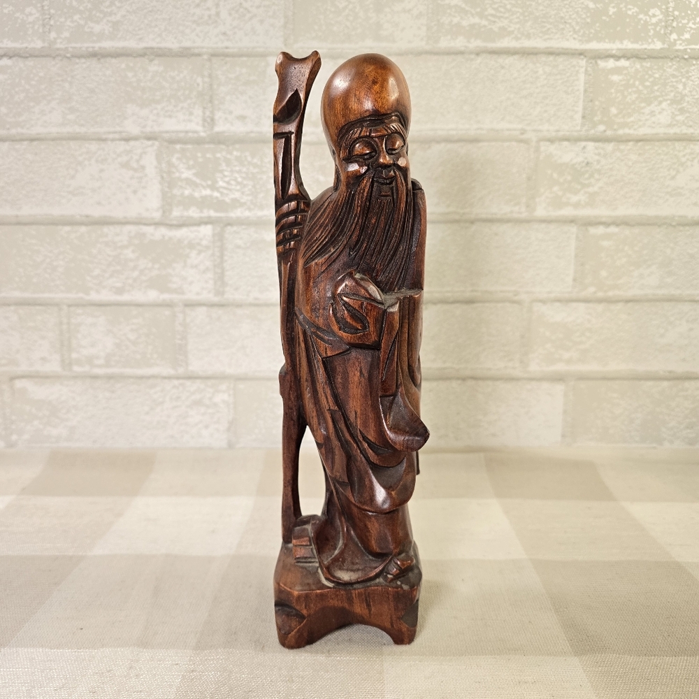 Vintage Asian Wood Carving Chinese Man w/ Staff Statue Figure Oriental Art Wood